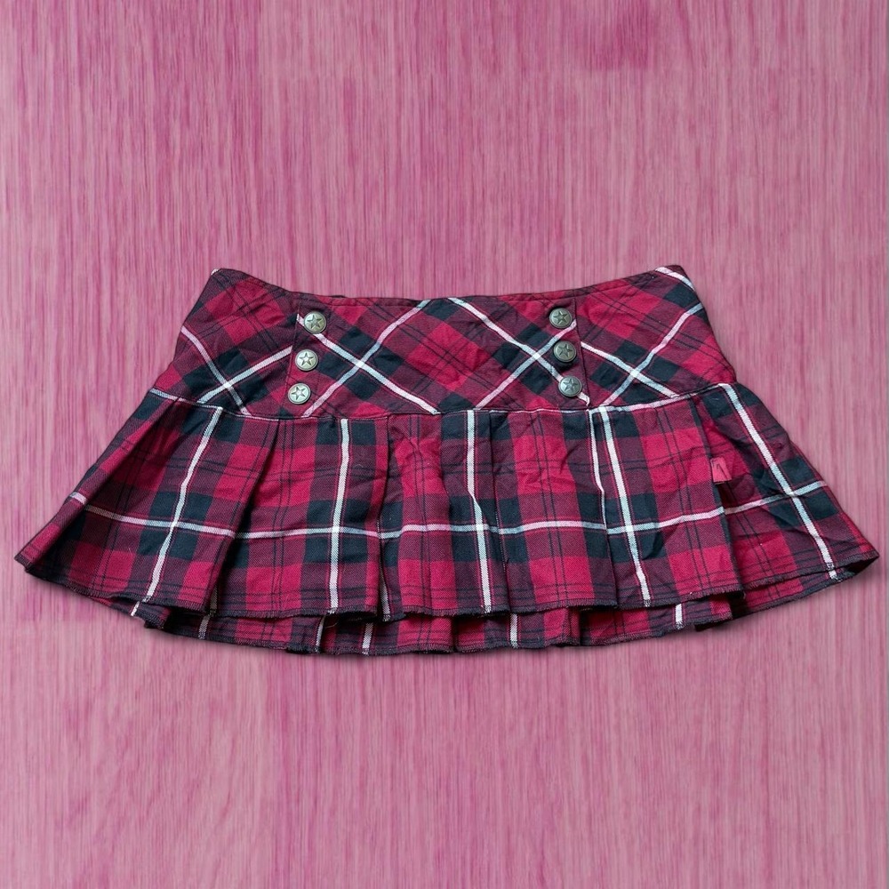 tripp nyc rare 2000s red plaid pleated mini skirt with star button details